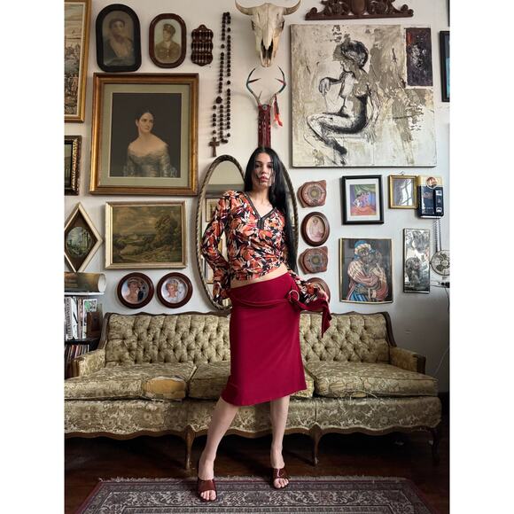 Y2k Cherry Red Knee Length Skirt w O-Ring Sash Size M - Picture 5 of 9